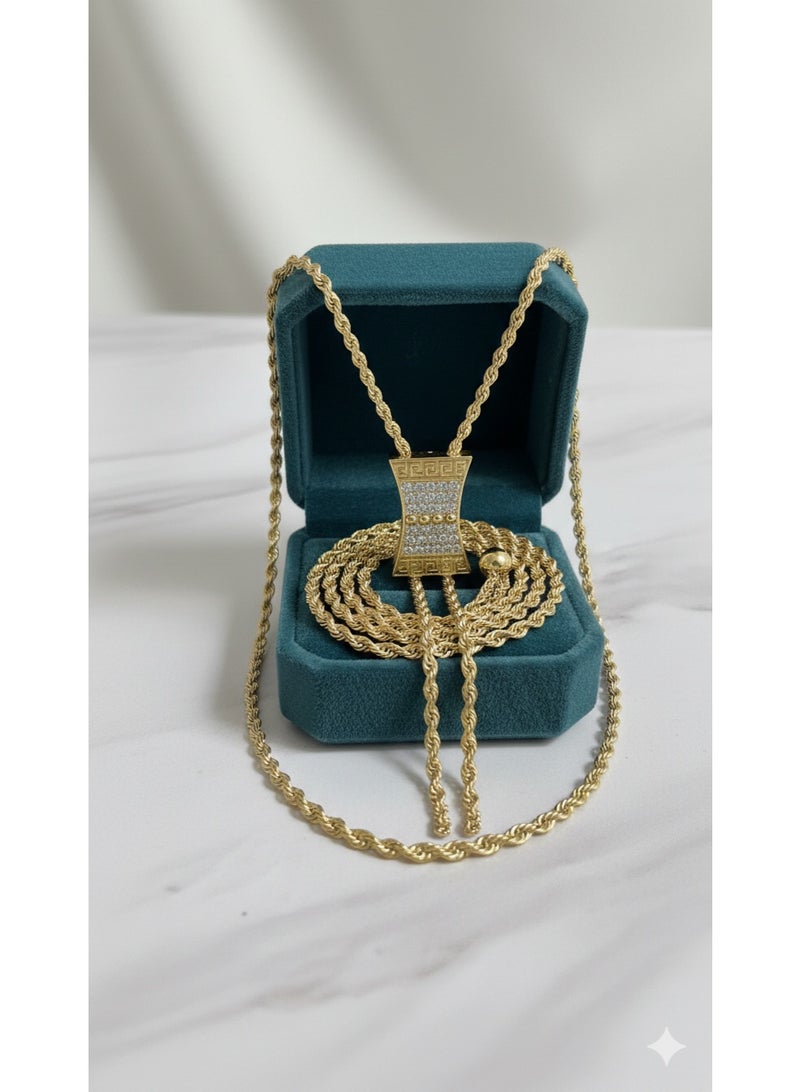 MANIKAN Elegant Bolo Style Necklace Featuring Crystal-Encrusted Rectangular Pendant with Tassel Chains. - Image 4